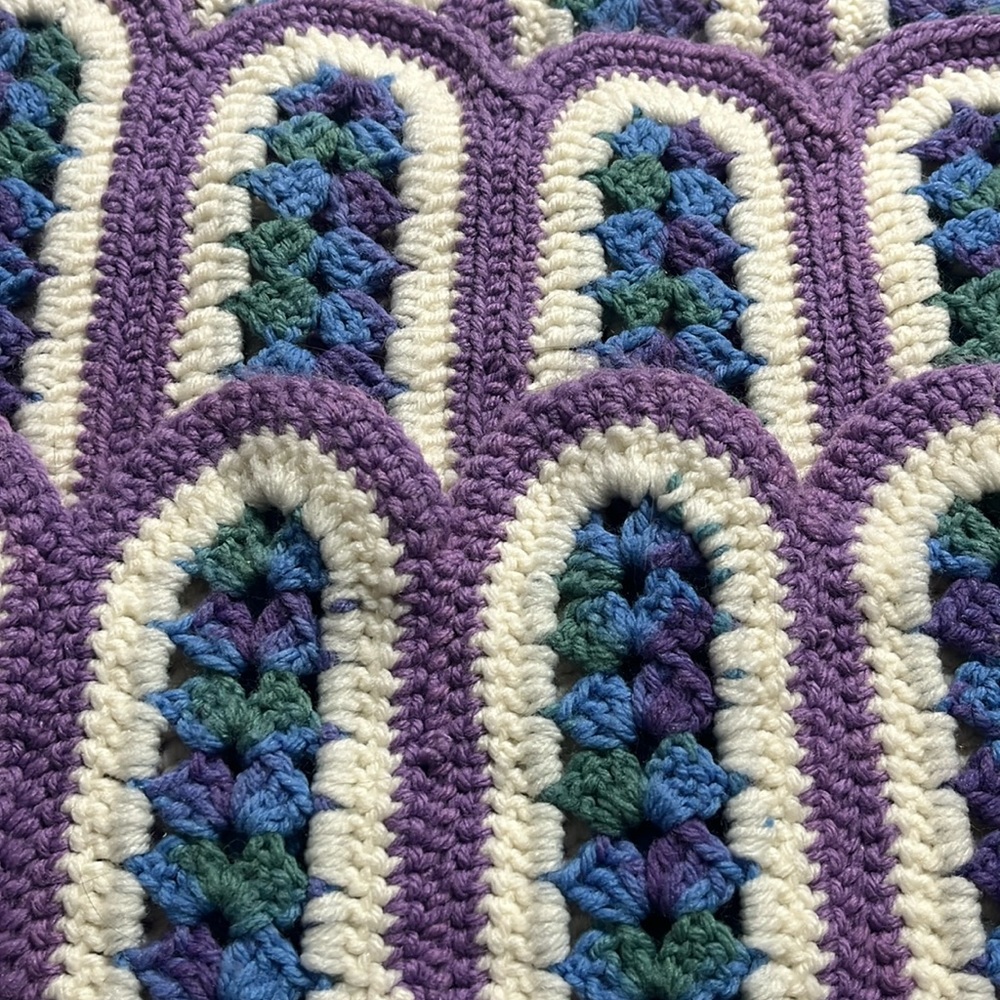 Homemade crochet Purple, blue, green, cream colored aphgan blanket